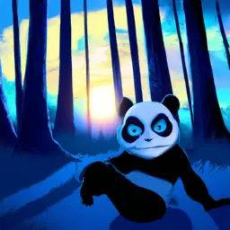 Prompt: Kung fu panda in the blue forest at sunset