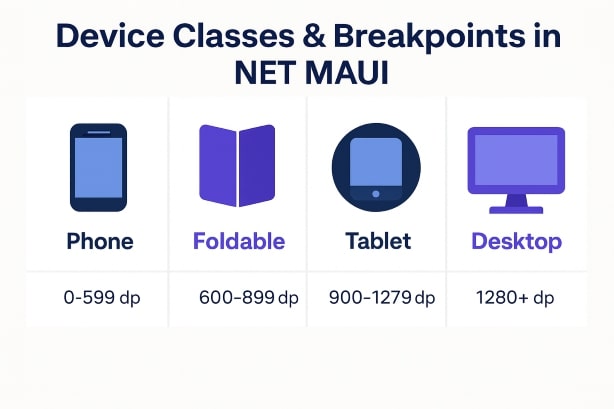 Breakpoints infographic showing Phone, Foldable, Tablet, and Desktop width ranges in dp