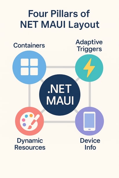 Four pillars infographic showing Containers, Adaptive Triggers, Device Info, and Dynamic Resources around .NET MAUI